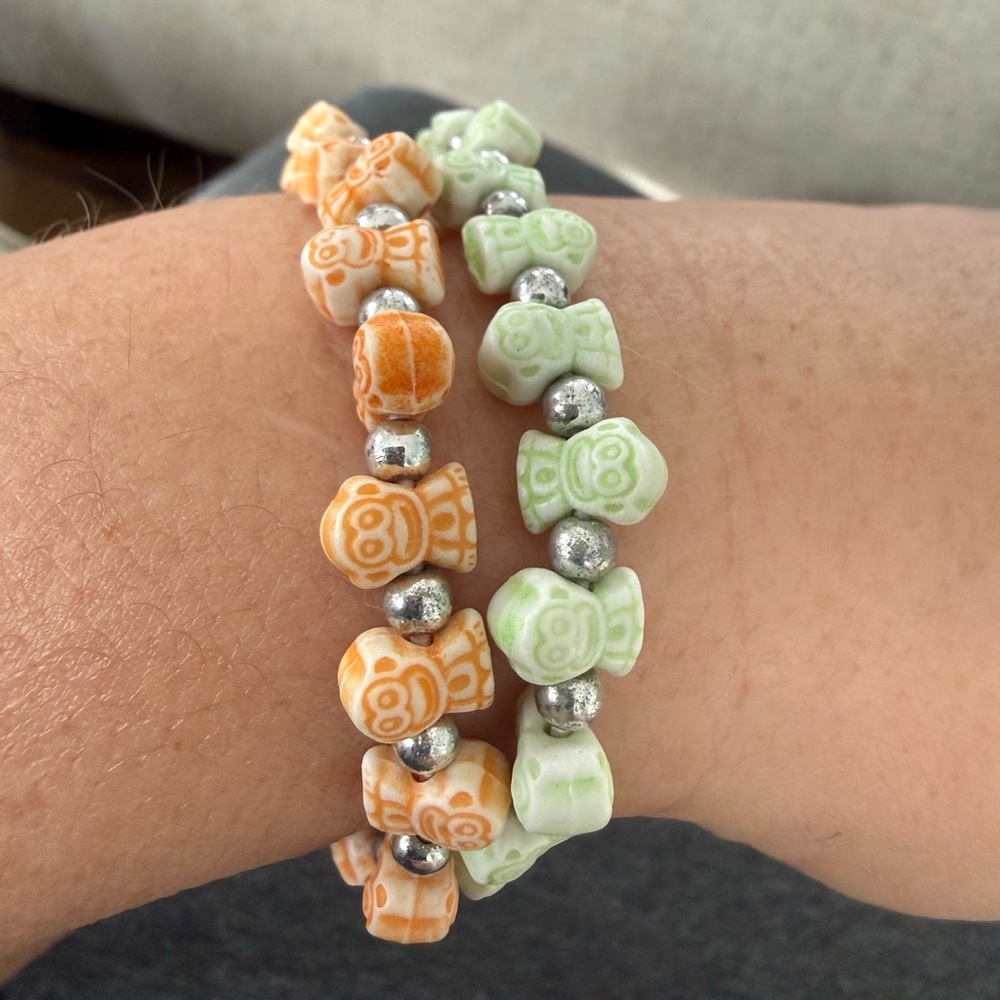 Green and Orange Buddha Bead Bracelet Set of 2 - Picture 2 of 6
